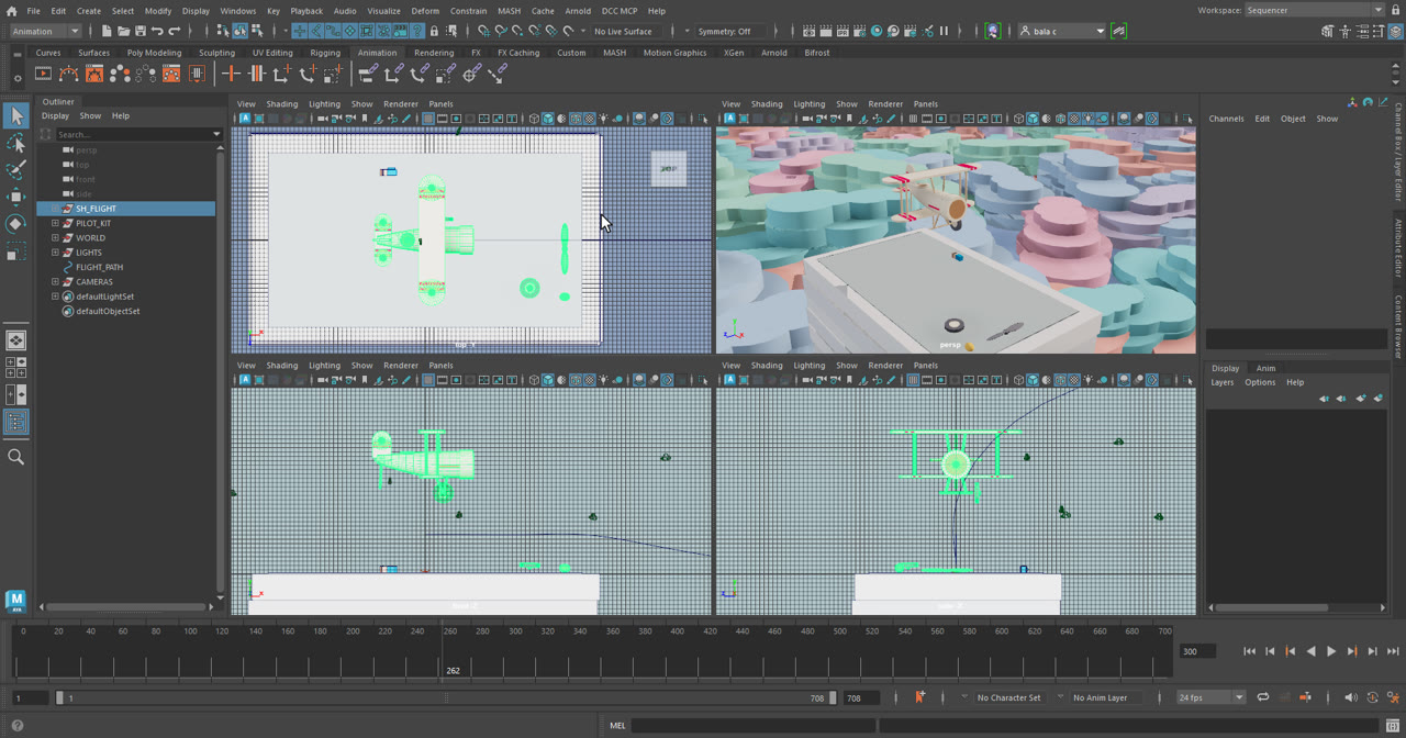 Maya with the paper plane in top, side, front and perspective views